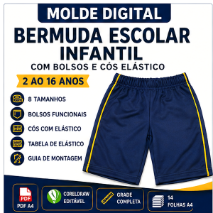 Molde Digital Bermuda Escolar Infantil com Bolsos e Cós Elástico – 2 ao 16 anos