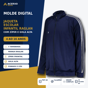 Molde Digital Jaqueta Escolar Infantil Raglan com Zíper e Gola Alta – 4 ao 16 anos