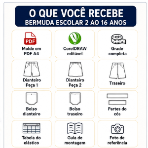 Molde Digital Bermuda Escolar Infantil com Bolsos e Cós Elástico – 2 ao 16 anos