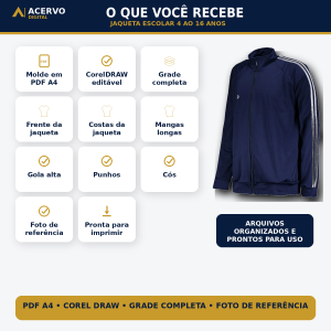 Molde Digital Jaqueta Escolar Infantil Raglan com Zíper e Gola Alta – 4 ao 16 anos