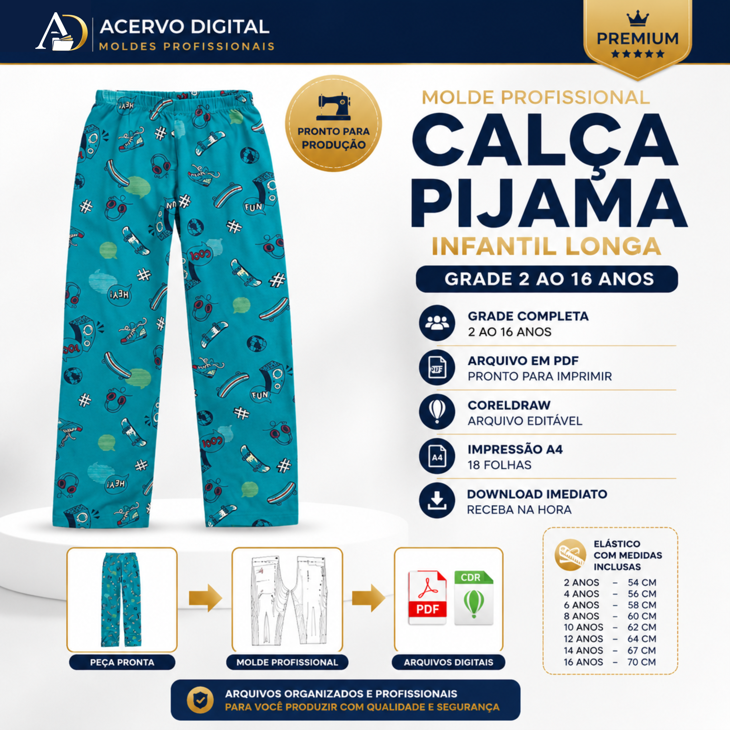 Molde Digital Calça Pijama Infantil Longa (2 ao 16 anos) | PDF + Corel + Referência