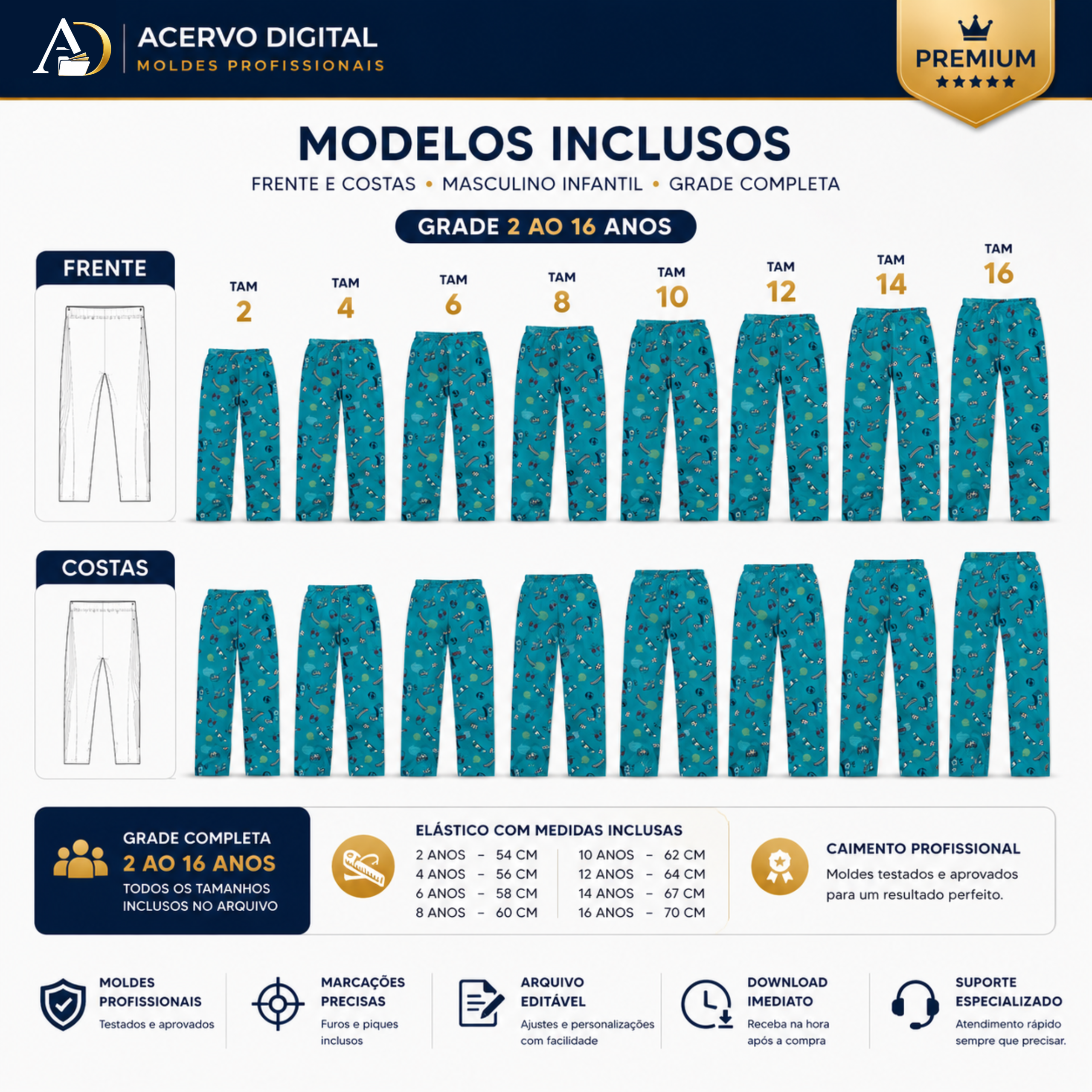 Molde Digital Calça Pijama Infantil Longa (2 ao 16 anos) | PDF + Corel + Referência - Imagem 3