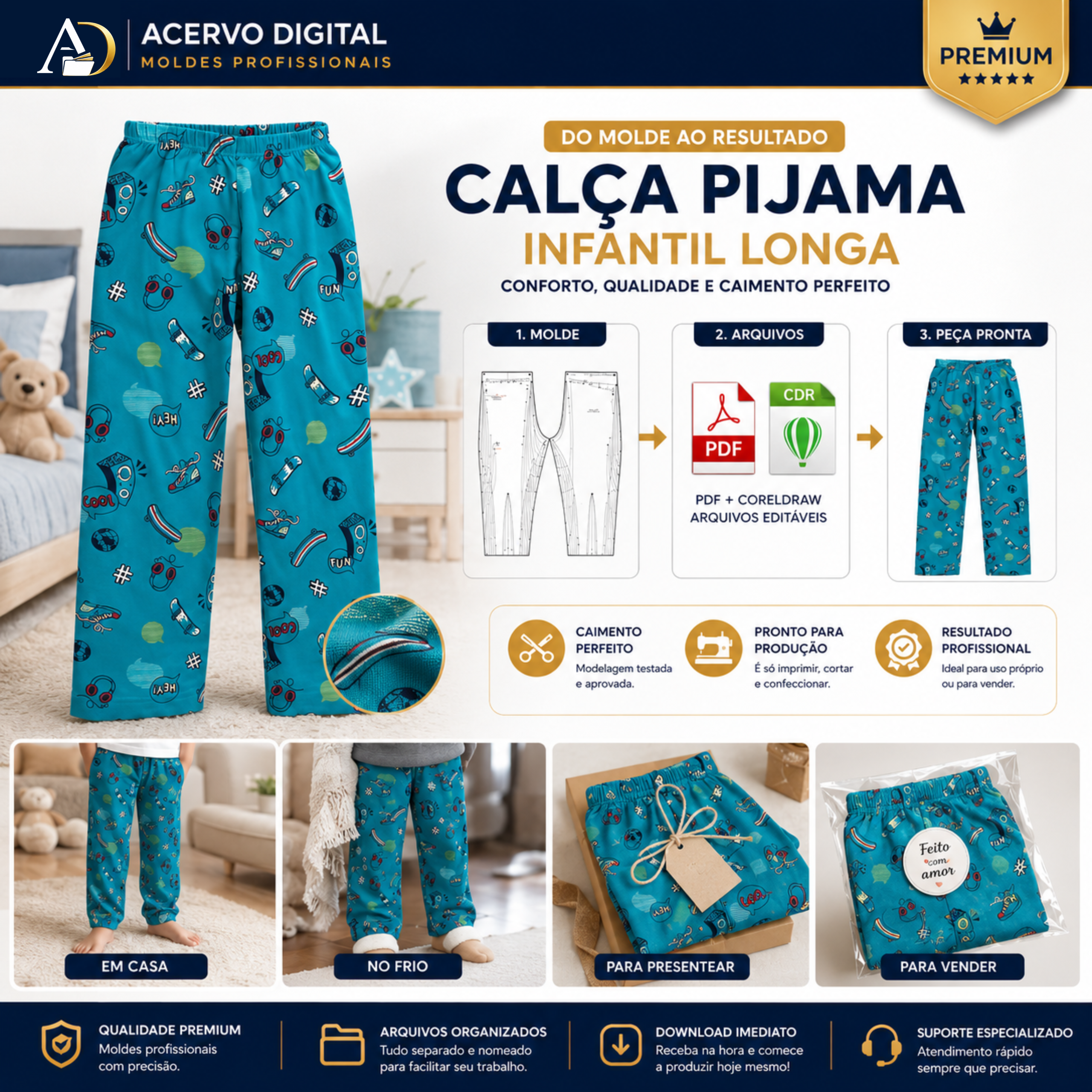 Molde Digital Calça Pijama Infantil Longa (2 ao 16 anos) | PDF + Corel + Referência - Imagem 5