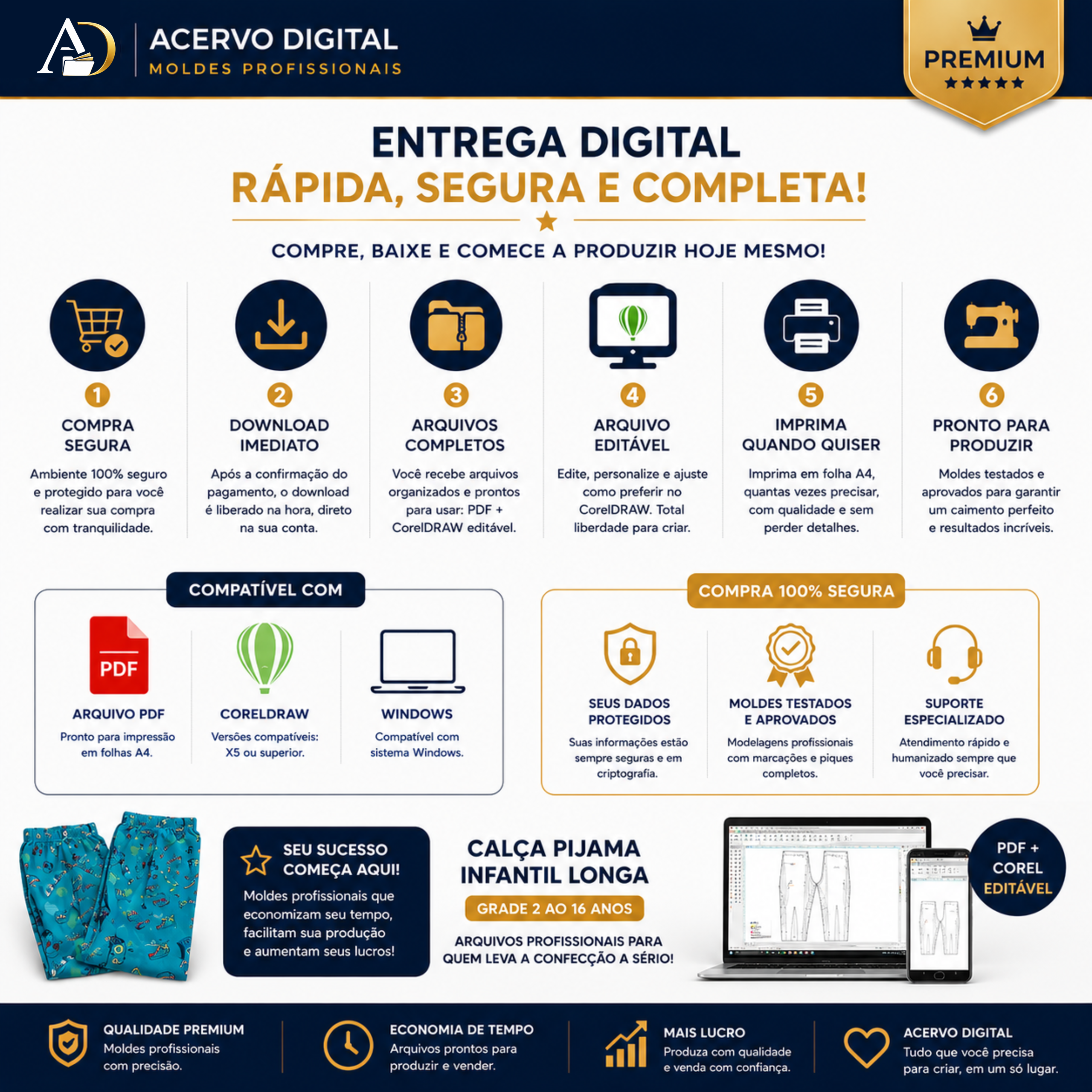 Molde Digital Calça Pijama Infantil Longa (2 ao 16 anos) | PDF + Corel + Referência - Imagem 6