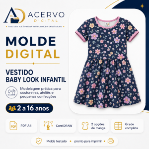 Molde Digital Vestido Baby Look Infantil – 2 ao 16 anos | PDF + Corel + Referência