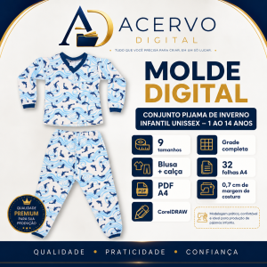 Molde Digital Conjunto Pijama de Inverno Infantil Unissex – 1 ao 14 anos