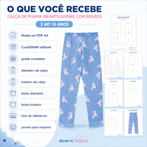 Molde Digital Calça de Pijama Infantojuvenil de Verão com Bolsos – 2 ao 16 anos
