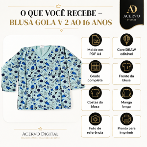 Molde Digital Blusa de Pijama Infantojuvenil Gola V – 2 ao 16 anos