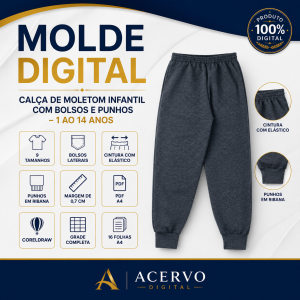 Molde Digital Calça de Moletom Infantil com Bolsos e Punhos – 1 aos 14 anos