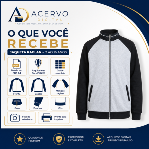 Molde Digital Jaqueta Infantil Raglan com Zíper e Gola Alta – 2 ao 16 anos