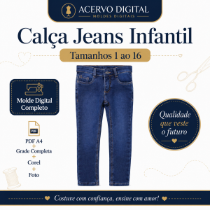 Molde Digital Calça Jeans Infantil com Bolsos — Tamanhos 1 ao 16