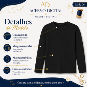 Molde Digital Camiseta Infantil Manga Longa — Tamanhos 2 ao 16