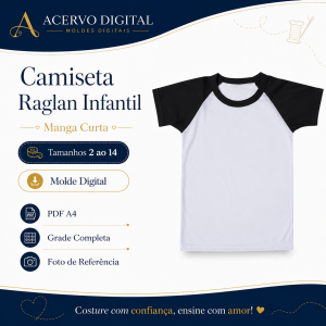 Molde Digital Camiseta Raglan Infantil Manga Curta — Tamanhos 2 ao 14