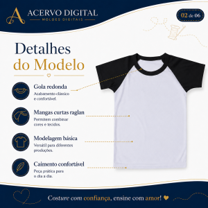 Molde Digital Camiseta Raglan Infantil Manga Curta — Tamanhos 2 ao 14