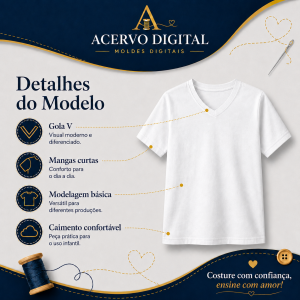 Molde Digital Camiseta Infantil Gola V Manga Curta — Tamanhos 2 ao 16