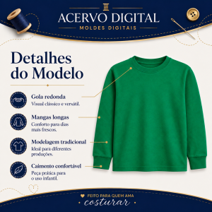 Molde Digital Camiseta Tradicional Infantil Manga Longa Gola Redonda — Tamanhos 2 ao 16