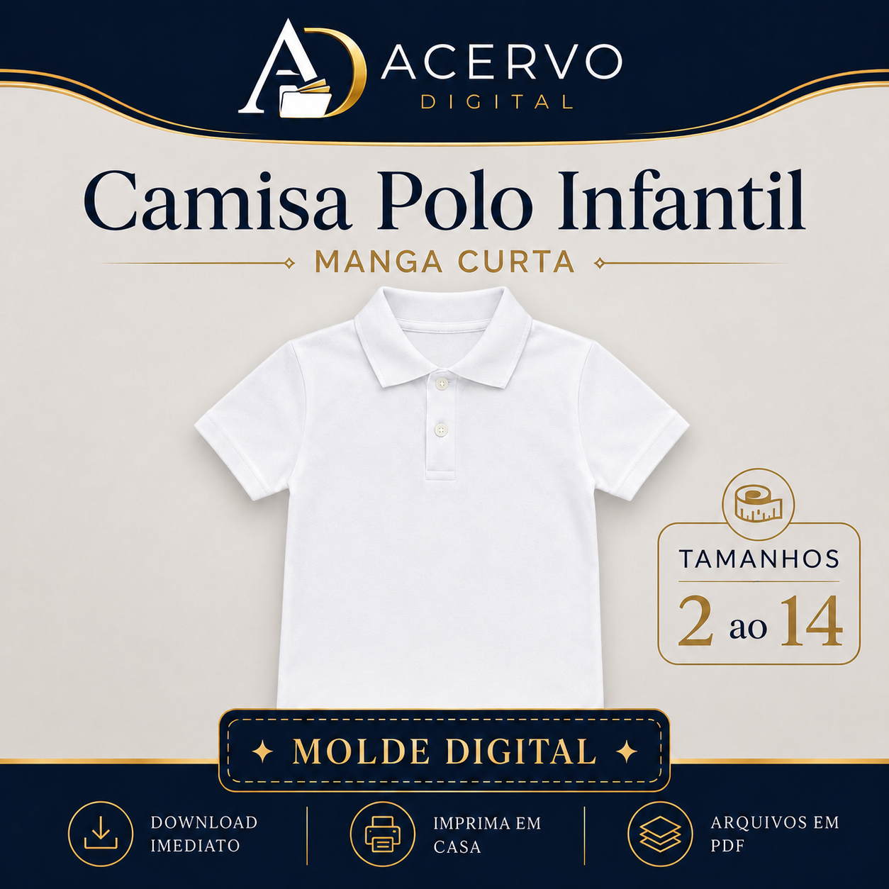 Molde Digital Camisa Polo Infantil Manga Curta com Guia de Montagem — Tamanhos 2 ao 14