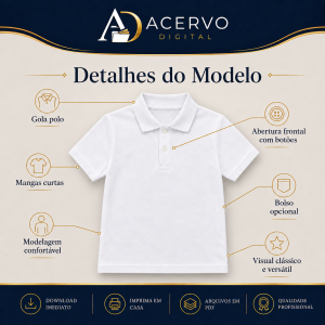 Molde Digital Camisa Polo Infantil Manga Curta com Guia de Montagem — Tamanhos 2 ao 14