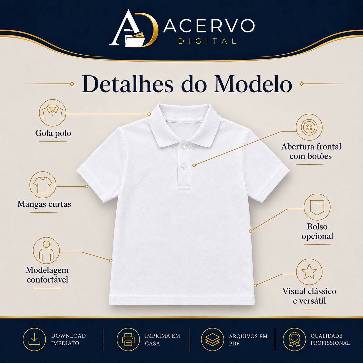 Molde Digital Camisa Polo Infantil Manga Curta com Guia de Montagem — Tamanhos 2 ao 14 - Imagem 2