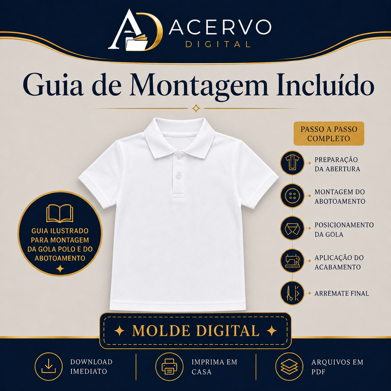 Molde Digital Camisa Polo Infantil Manga Curta com Guia de Montagem — Tamanhos 2 ao 14 - Imagem 5