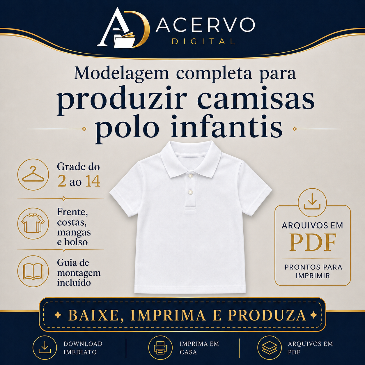 Molde Digital Camisa Polo Infantil Manga Curta com Guia de Montagem — Tamanhos 2 ao 14 - Imagem 6