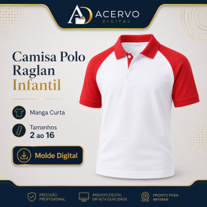 Molde Digital Camisa Polo Raglan Infantil Manga Curta com Bolsos — Tamanhos 2 ao 16