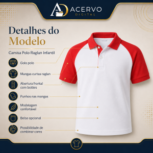 Molde Digital Camisa Polo Raglan Infantil Manga Curta com Bolsos — Tamanhos 2 ao 16