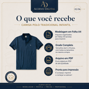 Molde Digital Camisa Polo Tradicional Infantil Manga Curta com Bolsos — Tamanhos 2 ao 16