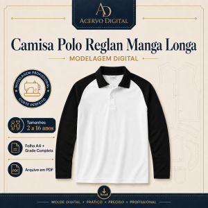 Molde Digital Camisa Polo Reglan Manga Longa Infantil PDF + Grade Completa 2 a 16 Anos