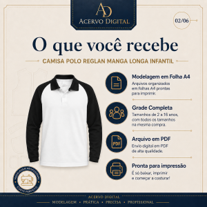 Molde Digital Camisa Polo Reglan Manga Longa Infantil PDF + Grade Completa 2 a 16 Anos