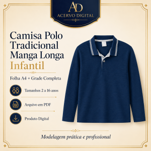 Molde Digital Camisa Polo Tradicional Manga Longa Infantil PDF + Grade Completa 2 a 16 Anos