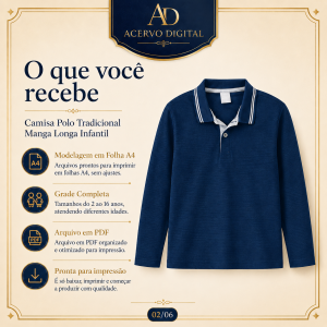 Molde Digital Camisa Polo Tradicional Manga Longa Infantil PDF + Grade Completa 2 a 16 Anos