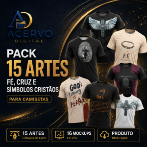 Pack 15 Artes Fé, Cruz e Símbolos Cristãos para Camisetas – Corel + 16 Mockups JPG