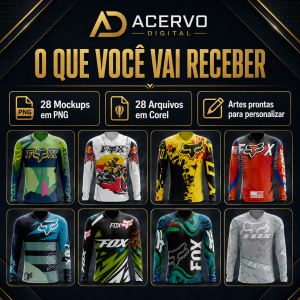Pack 3 FOX - 28 Artes em Corel para Camisetas Motocross e Ciclismo + 28 Mockups PNG