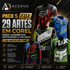 Pack 5 FOX - 29 Artes em Corel para Camisetas Motocross e Ciclismo + 29 Mockups PNG