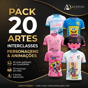 Pack 20 Artes Interclasses Personagens e Animações – Corel + 20 Mockups PNG + 5 Fontes