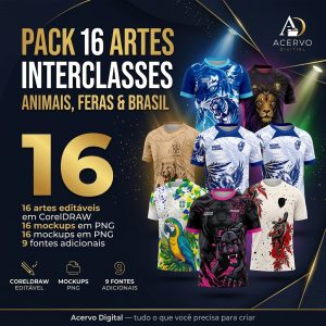 Pack 16 Artes Interclasses Animais, Feras e Brasil – Corel + 16 Mockups PNG + 9 Fontes